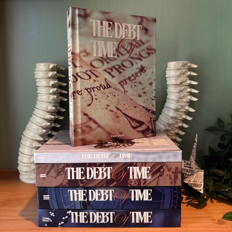 K&ouml;nnte beinhalten: Ein Stapel von vier B&uuml;chern mit dem Titel "THE DEBT of TIME" mit unterschiedlichen Cover-Designs. Das oberste Buch steht aufrecht und zeigt den Titel und einen Hintergrund im Vintage-Stil. Die B&uuml;cher liegen auf einer Holzoberfl&auml;che.
