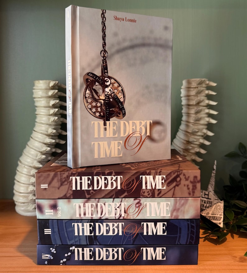 K&ouml;nnte beinhalten: Eine Reihe von B&uuml;chern mit dem Titel "THE DEBT OF TIME" von Shaya Lonnie. Das oberste Buch zeigt eine detaillierte Illustration eines Zeitmessger&auml;ts. Die B&uuml;cher sind in verschiedenen Braun- und Blaut&ouml;nen gehalten, mit dem Titel in eleganter Schrift.