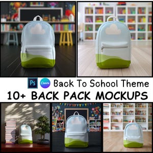 May include: A light blue backpack featuring a white cloud graphic at the top and a green rolling hill pattern at the bottom. The bag includes a top handle, a front zippered pocket, and a main compartment with a white zipper closure and white trim.