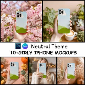 Può includere: Mockup di iPhone a tema neutro. Ogni custodia del telefono presenta un design cielo azzurro con un paesaggio verde. Viene visualizzato il testo "Neutral Theme 10+ Girly iPhone Mockups".