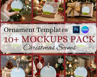 May include: A collection of Christmas ornament mockups. Each round ornament features a blue sky with a white cloud and green hills. The image includes text that reads "Ornament Templates 10+ MOCKUPS PACK Christmas Scenes". The ornaments are displayed in various Christmas scenes.
