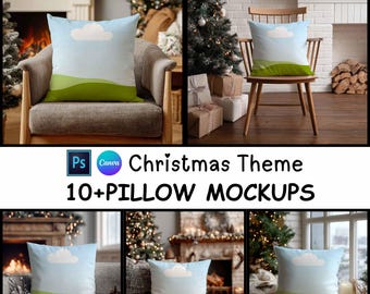 May include: Pillow mockups with a Christmas theme. Each pillow displays a design of a blue sky, white cloud, and green hills. The text "Christmas Theme 10+PILLOW MOCKUPS" is also visible in the image.