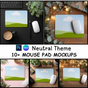 May include: A collection of mouse pad mockups with a neutral theme. Each mockup features a rectangular mouse pad with a landscape design of a blue sky, white cloud, and green hills. A white mouse is next to each pad.
