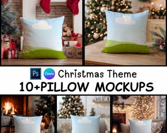 May include: Square cushion featuring a blue sky and cloud design, green hills, and a white cloud. The text "Christmas Theme 10+ PILLOW MOCKUPS" is displayed. The cushion is shown in a Christmas setting.