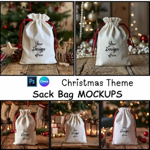 May include: A white fabric drawstring sack bag with red cords and the black text "Your Design Here" printed on the front. The bag features a gathered top closure and is presented in a collection of five separate visual mockups.