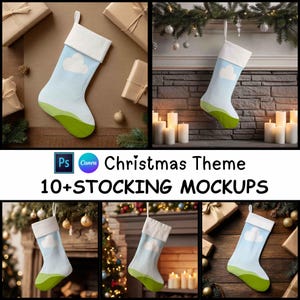 May include: A light blue Christmas stocking with a white cuff, a cloud design, and a green base. The image includes the text "Christmas Theme 10+STOCKING MOCKUPS". The stocking is displayed in various holiday settings.