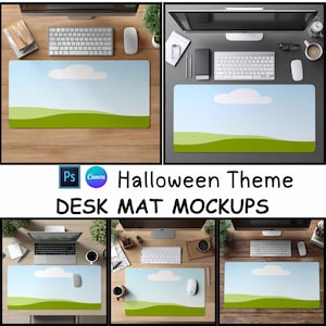 May include: A rectangular desk mat featuring a minimalist landscape illustration with a light blue sky, a single white cloud, and rolling green hills. The design is displayed in multiple office workspace mockups showing various computer setups.