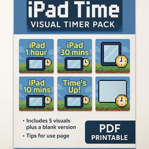 Op de afbeelding: Een afdrukbare PDF met de tekst "iPad Time: Visual Timer Pack". Het ontwerp bevat pixelachtige afbeeldingen van iPads met timers voor 1 uur, 30 minuten en 10 minuten. Bevat ook een "Time's Up!"-afbeelding en een blanco versie.