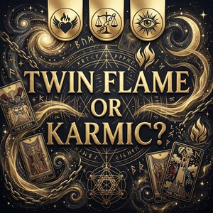 Puede incluir: Ilustración digital con fondo oscuro, detalles dorados y cartas del tarot. El texto "TWIN FLAME OR KARMIC?" es prominente. Símbolos de balanzas, un ojo y un corazón alado en la parte superior. Cadenas y patrones arremolinados.