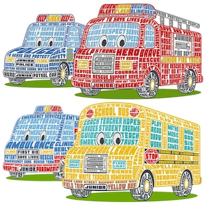 Vehicle Wall Art Bundle, Nursery Transportation Prints, School Bus Clipart, Firetruck PNG, Kids Room Decor (Digital Download)