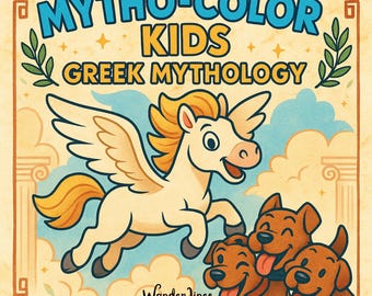 Könnte beinhalten: Ein quadratisches Buchcover mit dem Titel MYTHO-COLOR KIDS GREEK MYTHOLOGY, das ein weißes geflügeltes Comic-Pferd zeigt, das über einem braunen dreiköpfigen Hund fliegt. Die Illustration enthält hellblaue Wolken und den Text Wander Lines.