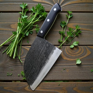 May include: A large, dark-colored cleaver with a black handle and three white rivets. The blade has a textured, rustic appearance. Fresh green herbs are arranged on a dark wooden surface, complementing the cleaver's design.