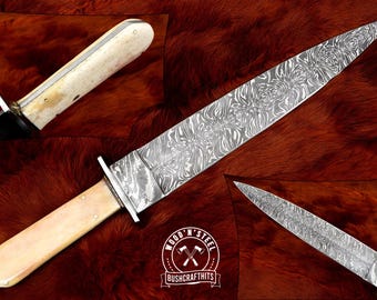 18" Damascus Steel Hunting Knife | Hand-Forged Survival Blade with Leather Sheath | Outdoor & Bushcraft Knife