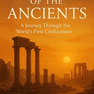 May include: Book cover with the title "Echoes of the Ancients" and author Pat O'Brien. The cover features a sunset scene with ancient ruins and the text "A Journey Through the World's First Civilizations". The color palette is warm, with shades of orange and brown.