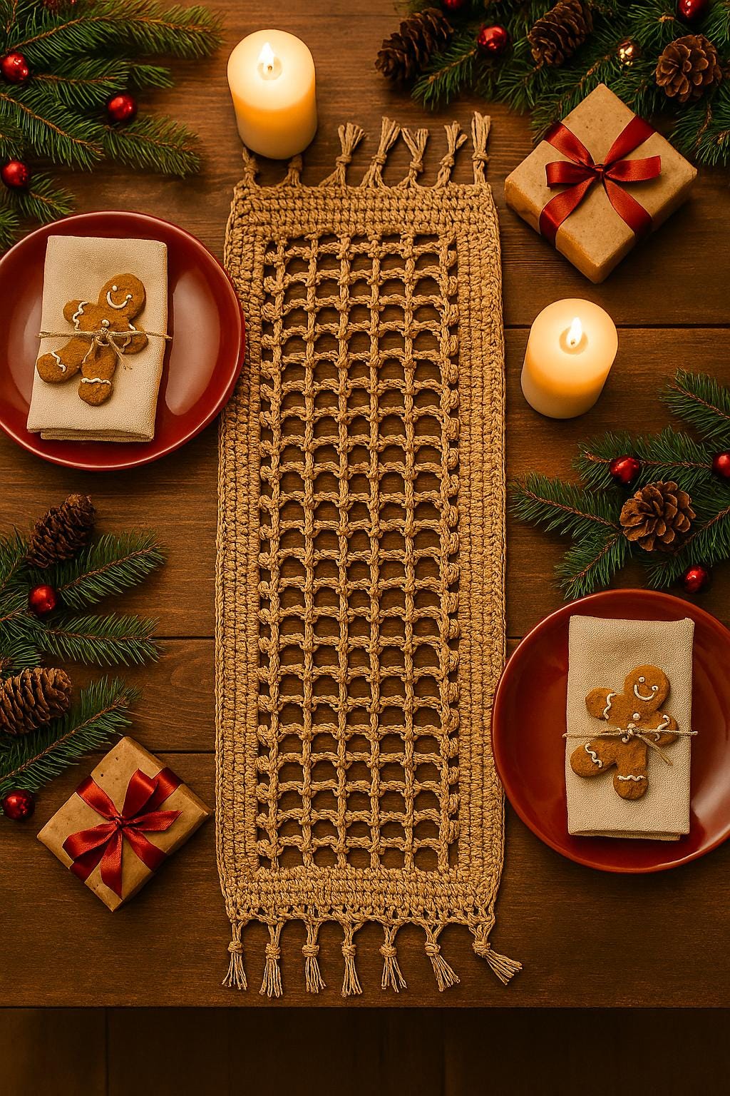 35 Elegant Christmas Hallway and Entryway Decorations 10 Handmade Crochet Raffia Table Runner Boho Christmas Decor