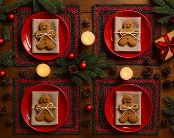Handmade Christmas Placemat | Red & Green Crochet Paper Yarn Table Mat