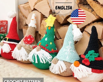 May include: A collection of handmade crochet gnomes in various colors and designs. Each gnome has a long white beard and a pointed hat, some with festive embellishments. The image includes text that says "PDF Pattern ENGLISH".