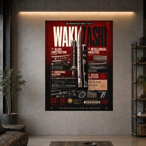 Wakizashi Blueprint Poster with Technical Japanese Samurai Sword Art