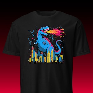 Camiseta unisex retro de T-Rex y ciudad | Regalo divertido para frikis