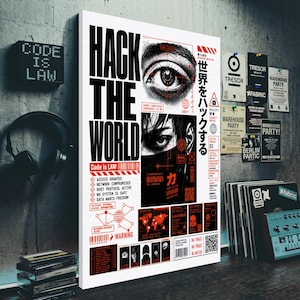 Könnte beinhalten: Ein rechteckiger Wandkunstdruck mit dem Text HACK THE WORLD und japanischen Schriftzeichen. Das Design enthält ein detailliertes menschliches Auge, ein maskiertes Gesicht, rote und schwarze technische Grafiken, eine Weltkarte und Symbole.