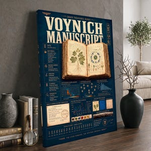 May include: A rectangular wall art print titled Grave Treasures Series Voynich Manuscript. The dark blue poster features an open antique book with botanical illustrations, alongside technical data, charts, and text detailing the manuscript's history.