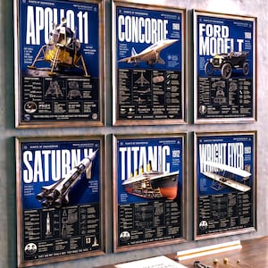 Puede incluir: Seis pósteres enmarcados titulados Giants of Engineering, con ilustraciones técnicas y especificaciones para el Apolo 11, Concorde, Ford Model T, Saturno V, Titanic y Wright Flyer, expuestos en una pared sobre un libro y herramientas.