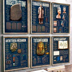 May include: Six framed educational posters from the Grave Treasures Series displayed on a wall. The posters feature historical artifacts including the Rosetta Stone, Terracotta Warrior, Nefertiti, Antikythera Mechanism, Tutankhamun, and the Voynich Manuscript.