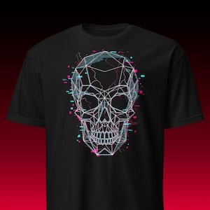 Geometrischer Totenkopf T-Shirt Glitch, Cyberpunk Wireframe Ästhetik, Heavy Cotton Boxy Fit, Cooles Unisex Geschenk Herren Damen Gamer Top