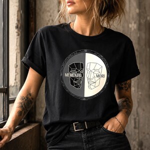 Memento mori shirt features a stoic face mask in geometric duality for philosophical outfits
