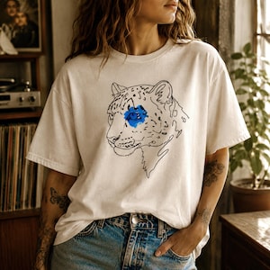 Schneeleopard T-Shirt Aquarell, Line Art Zeichnung Kunst, Heavy Cotton Boxy Fit, Cooles Unisex Geschenk für Damen Herren Tier Raubkatze