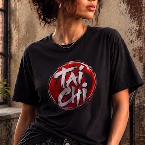 Könnte beinhalten: Ein schwarzes T-Shirt mit kurzen Ärmeln und einer kreisförmigen Grafik auf der Brust. Das Design besteht aus einem leuchtend roten Kreis mit einem dunklen, wirbelnden Muster im Inneren, überlagert von dem weißen Text "TAI CHI" in Pinseloptik.