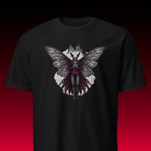 Gothic Moth Shirt features a detailed creature in a victorian coat before a dark cathedral