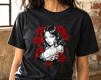 Higanbana Anime Girl Shirt merges dark gothic aesthetic with red spider lilies on cotton