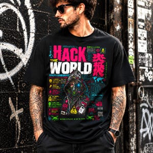 Hacker Graphic Tee with dystopian cyber print for software developers and network engineers