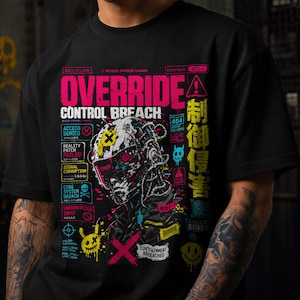 Koszulka Override w stylu streetwear z grafiką cybernetyczną idealna na techno rave i do klubów Harajuku