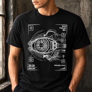 Cyberware Auge T-Shirt zeigt ein bionisches CAD Blueprint Design mit HUD Interface für Sci-Fi Fans