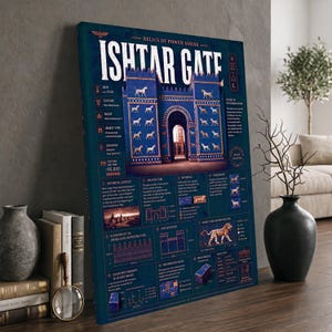 May include: A rectangular wall art print titled Relics of Power Series Ishtar Gate. The dark blue poster features a detailed illustration of the blue Ishtar Gate with gold animal motifs, accompanied by historical text, diagrams, and architectural data.
