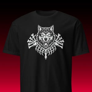 Wikinger Wolf T-Shirt zeigt zornigen Fenrir mit Knochen Rahmen für Nordische Mythologie und Metal Fans