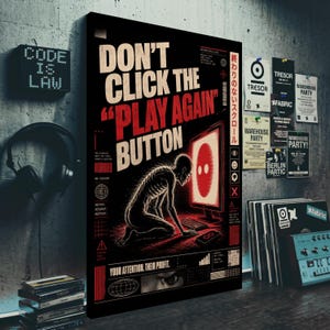 Puede incluir: Un póster vertical negro con el texto DON'T CLICK THE PLAY AGAIN BUTTON en blanco y rojo. Representa una figura esquelética arrodillada ante un monitor rojo brillante. Incluye además los textos DOOMSCROLLING, NO ESCAPE y YOUR ATTENTION. THEIR PROFIT.