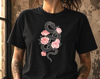 Bloemenslang dames T-shirt | Bloemen in tatoeagestijl | Cadeau voor reptielenfans