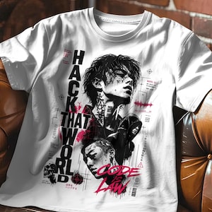 Camiseta de estilo urbano distópico con motivos hacker oscuros y caracteres asiáticos para hombre.