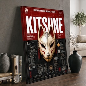 Japanese Kitsune Blueprint Art Poster for Samurai Wall Decor Setup