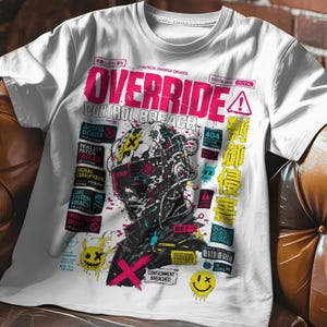 Techwear Graphic Tee with dystopian cyber android art for industrial rave music outfits