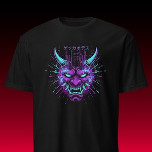 Neon Oni Maske T-Shirt Cyberpunk, Lila Demon Ästhetik, Heavy Cotton Boxy Fit, Cooles Retro Gamer Geschenk für Herren Damen Top