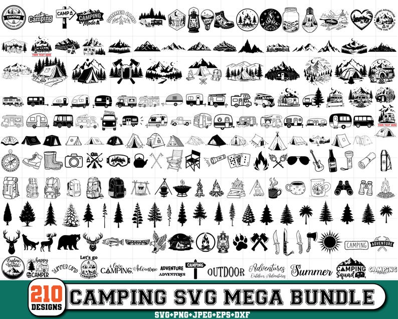 Pu&ograve; includere: Una collezione di 210 design SVG a tema campeggio in bianco e nero. I design includono tende, roulotte, montagne, fal&ograve;, alberi ed elementi di avventura all'aperto. &Egrave; presente anche il testo "CAMPING SVG MEGA BUNDLE".