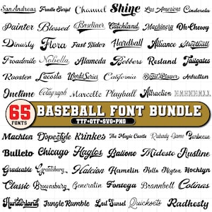 Puede incluir: Una colección de 65 fuentes de béisbol en varios estilos, incluyendo escritura cursiva y letras de bloque. Las fuentes son negras sobre un fondo blanco, con una pancarta que dice "Baseball Font Bundle".