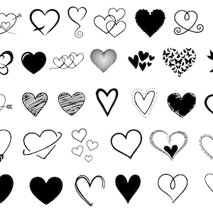 May include: A collection of black and white heart illustrations in various styles. Designs include solid hearts, outlined hearts, hearts with arrows, butterflies, and decorative elements. Perfect for Valentine's Day or romantic themes.