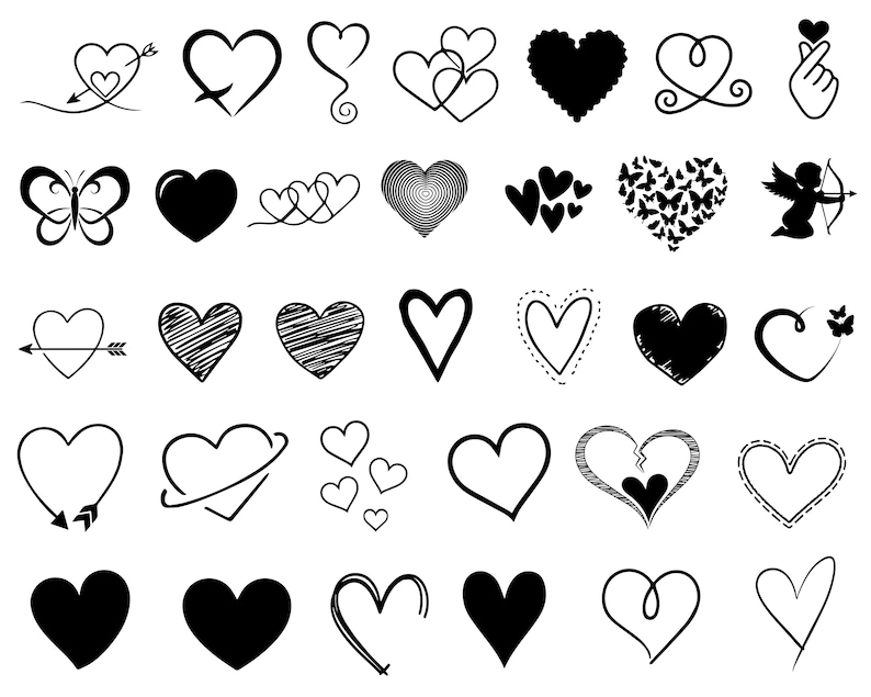May include: A collection of black and white heart illustrations in various styles. Designs include solid hearts, outlined hearts, hearts with arrows, butterflies, and decorative elements. Perfect for Valentine's Day or romantic themes.