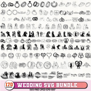 May include: A compilation of 170 wedding-themed SVG designs, featuring rings, couples, and cake toppers. The designs are in black and white, with diverse styles and themes. The image also includes the text "WEDDING SVG BUNDLE" and file type information.