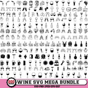 Könnte beinhalten: Eine Sammlung von 200 schwarz-weißen Vektor-Icons mit Weinflaschen, Gläsern, Trauben, Fässern, Käse und Korkenziehern. Das Grafikset enthält verschiedene Illustrationen von Personen, die Wein halten, sowie Anstoß-Szenen und Zubehör.